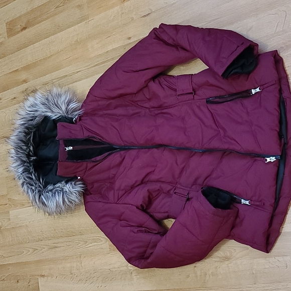 Free Country puffer coat w removable zipper fur hoodie maroon color size small - Picture 4 of 12